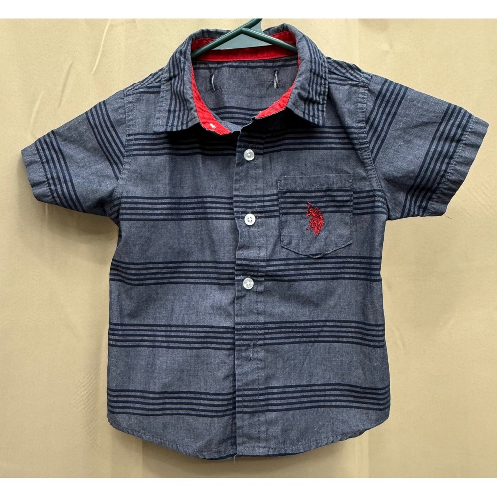 US Polo Assn‎ Boys Short Sleeve Button Down Shirt Blue Striped Size 12M